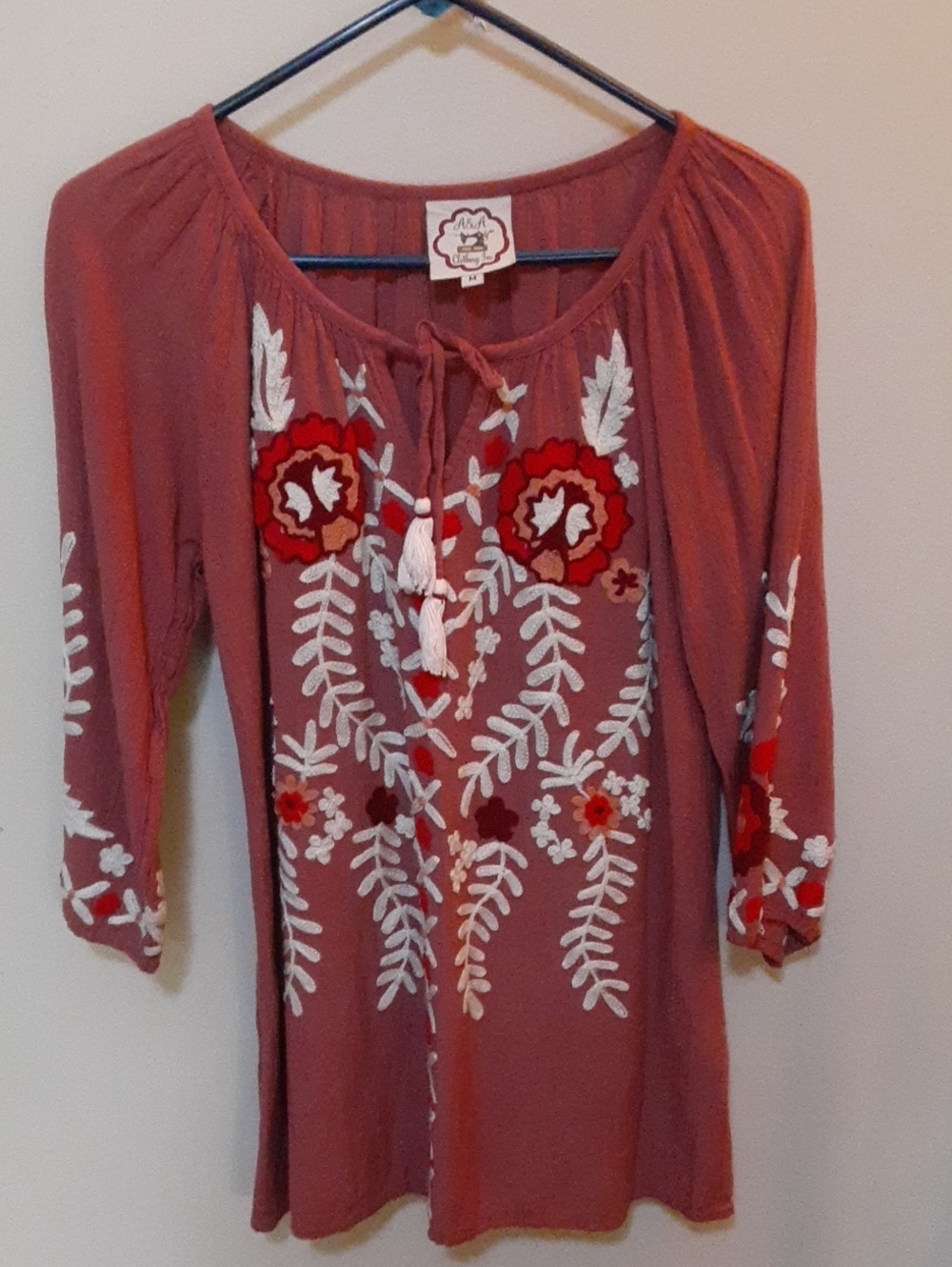 Embroidered Peasant Tunic Top - Dusty Rose with White & Red Floral Embroidery